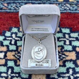 St. Thomas Aquinas Sterling Silver Oval Religious Medal Necklace 24” Chain